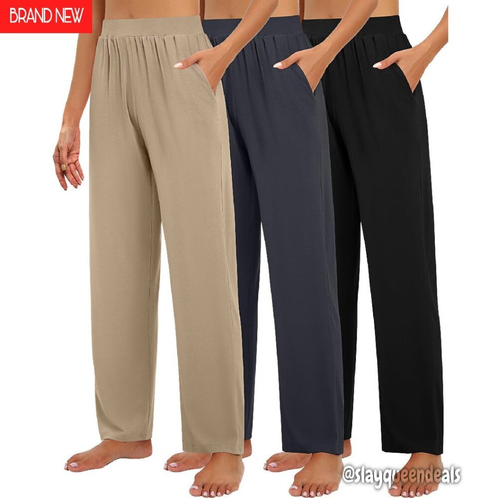 3 Pack Women's Wide Leg Lounge Pants With Pockets, Soft Stretchy Yoga Sweatpants